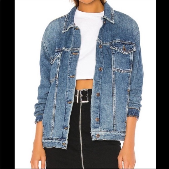 Free People Distressed Denim Trucker Jacket size L EUC - Picture 3 of 11